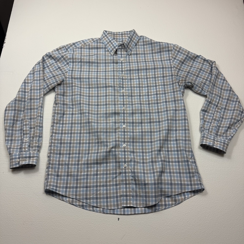 Jos A Bank Traveler Men XL 100% Cotton Blue Brown Checked Button Up Dress Shirt